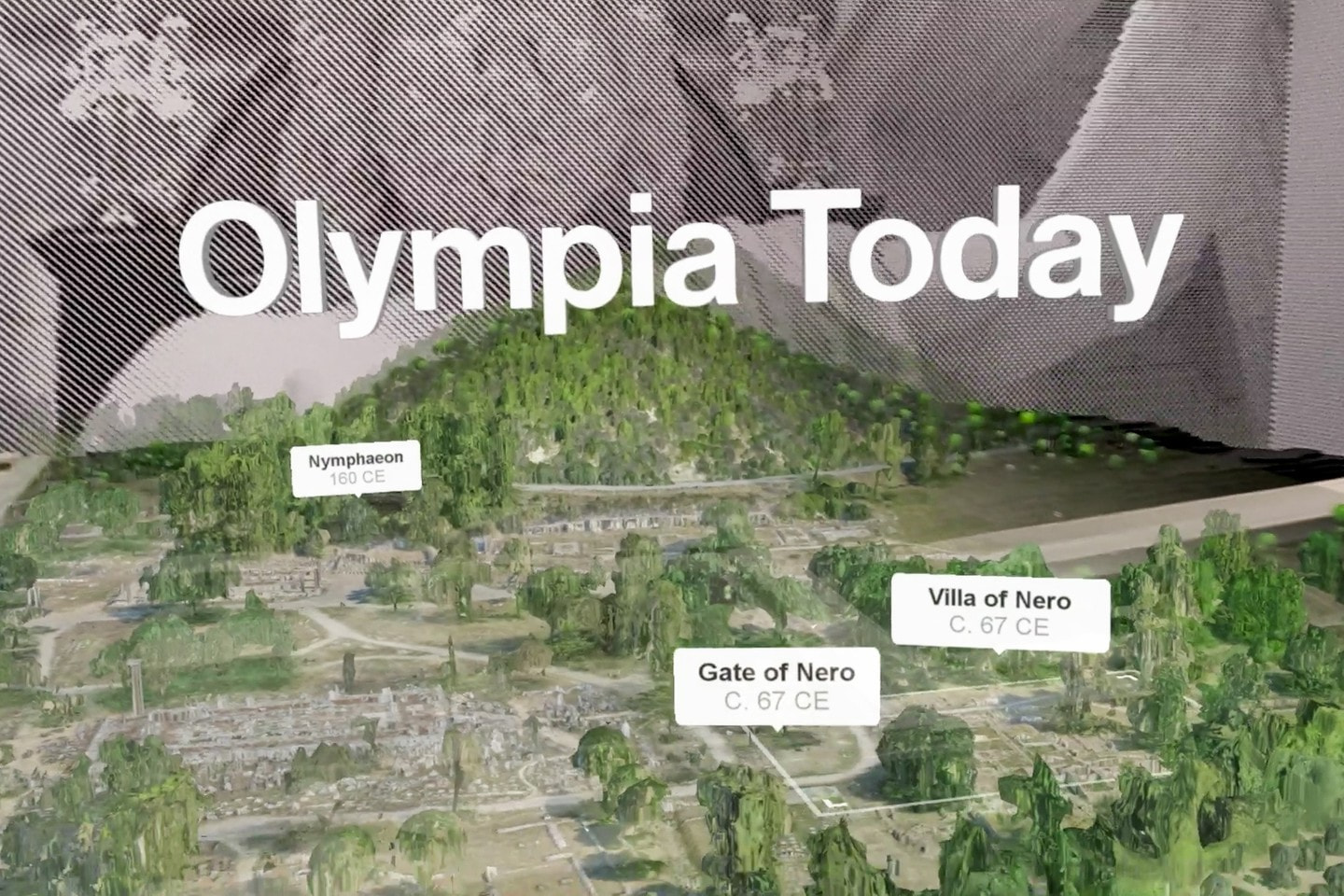 Photogrammetry of the ruins of Ancient Olympia superimposed over the model table